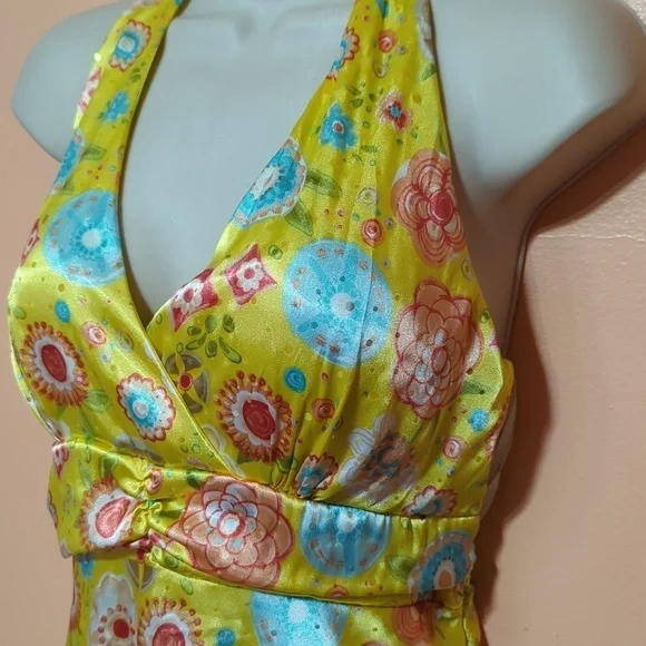 4U Design USA Halter Sun Dress Babydoll Fairy Coquette Satin Floral Belted XL - Picture 3 of 8